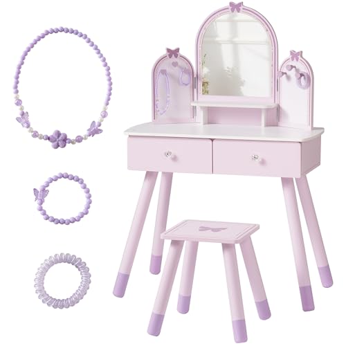 Purple Kids Vanity Set with Mirror, Chair and Storage Drawers T190