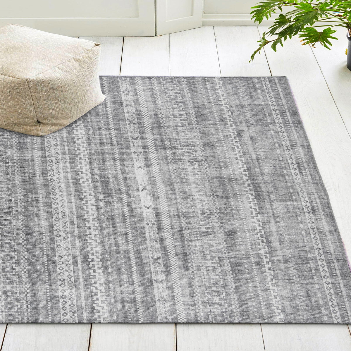 Machine Washable Printed Moroccan Stripe Gray Recycled Fiber Area Rug G686786
