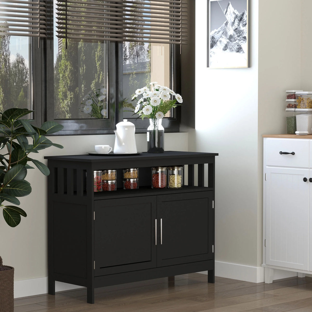 Black Wooden Kitchen Buffet Sideboard with Cabinet and Shelf Y5213