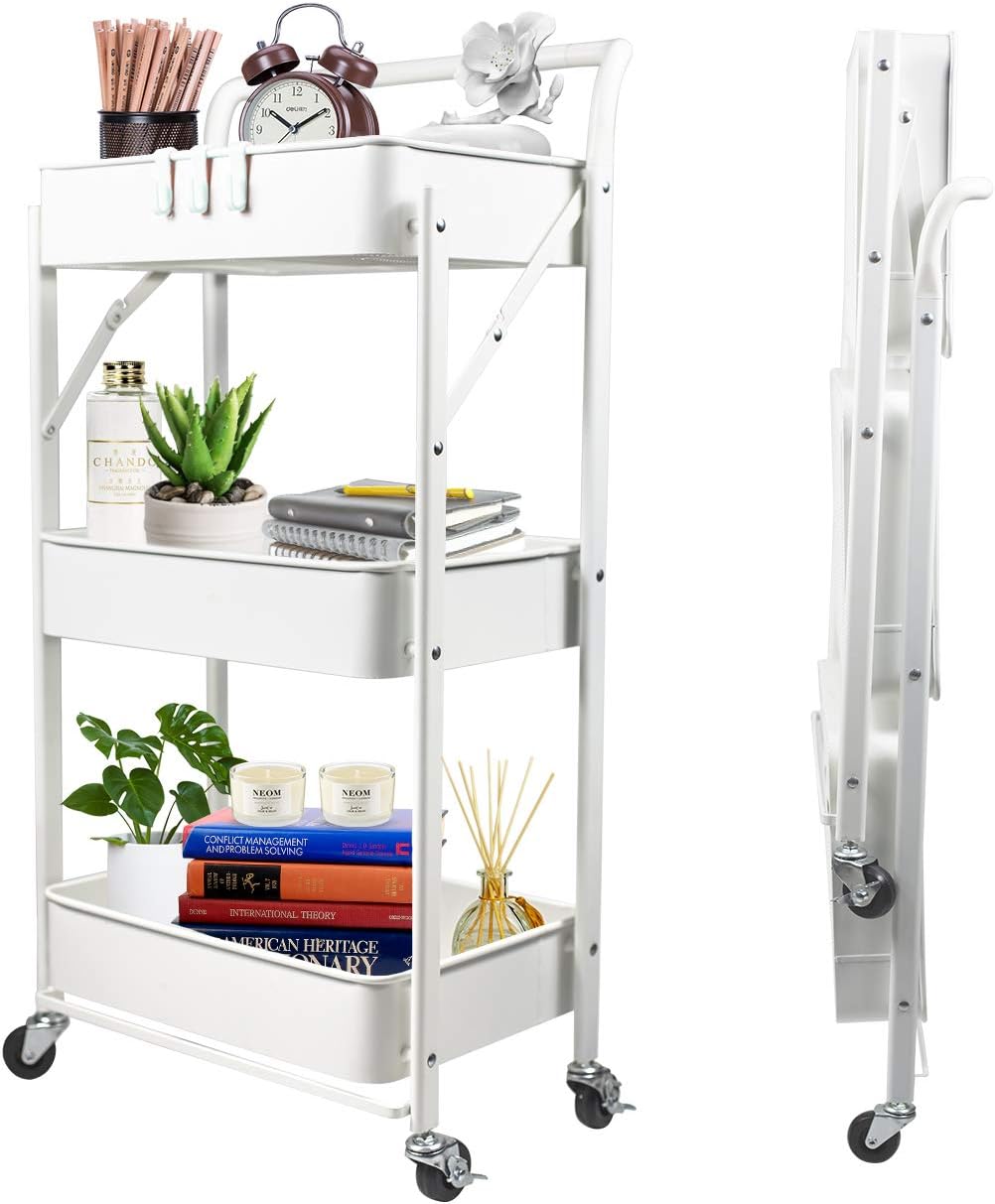 3-Tier Collapsible Rolling Utility Cart with Lockable Caster Wheels, Blue M348
