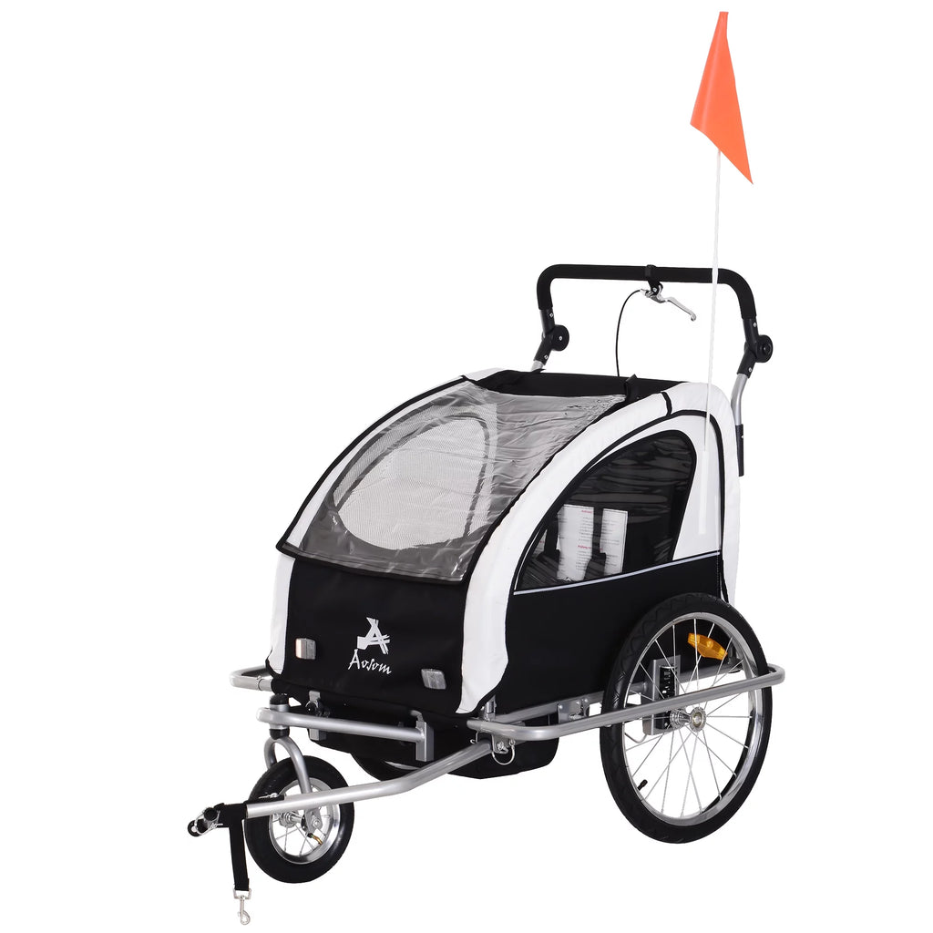 2-in-1 Double Child Two-Wheel Bicycle Cargo Trailer with 2 Safety Harnesses, Green X749