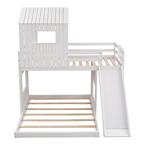 White Twin Over Full Size Wooden Bunk Beds with Slide M459883
