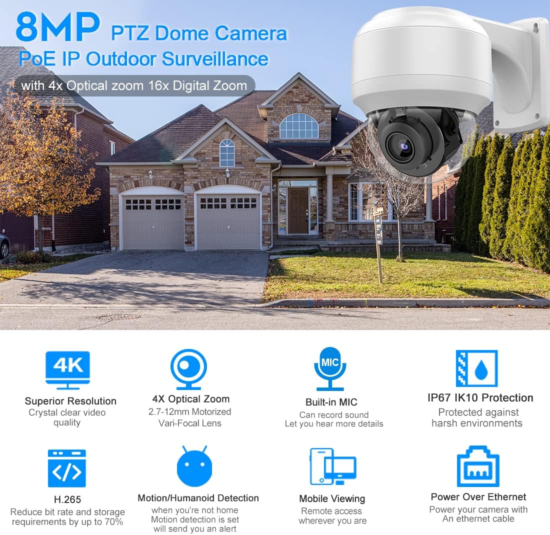 8MP PTZ PoE IP Dome Camera with Built-in Mic U350874