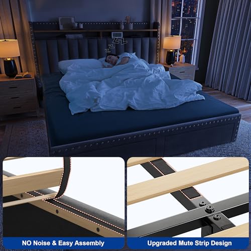 King Size Upholstered Platform Bed Frame with Storage Headboard and Drawers N99718