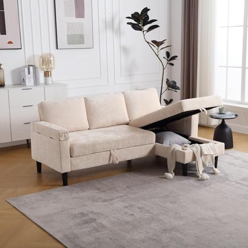 Beige L Shape Chenille Pull Out Sofa Bed A52961
