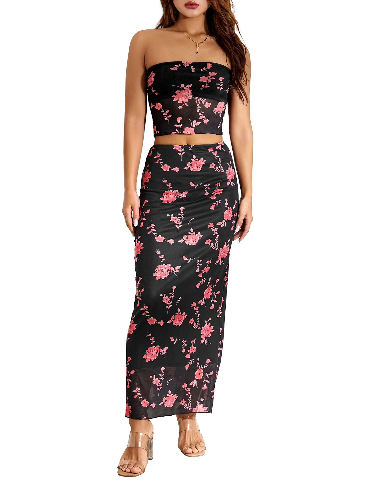 2Pcs Women Flower Print Strapless Mesh Tube Top with Low Waist Long Skirts U959