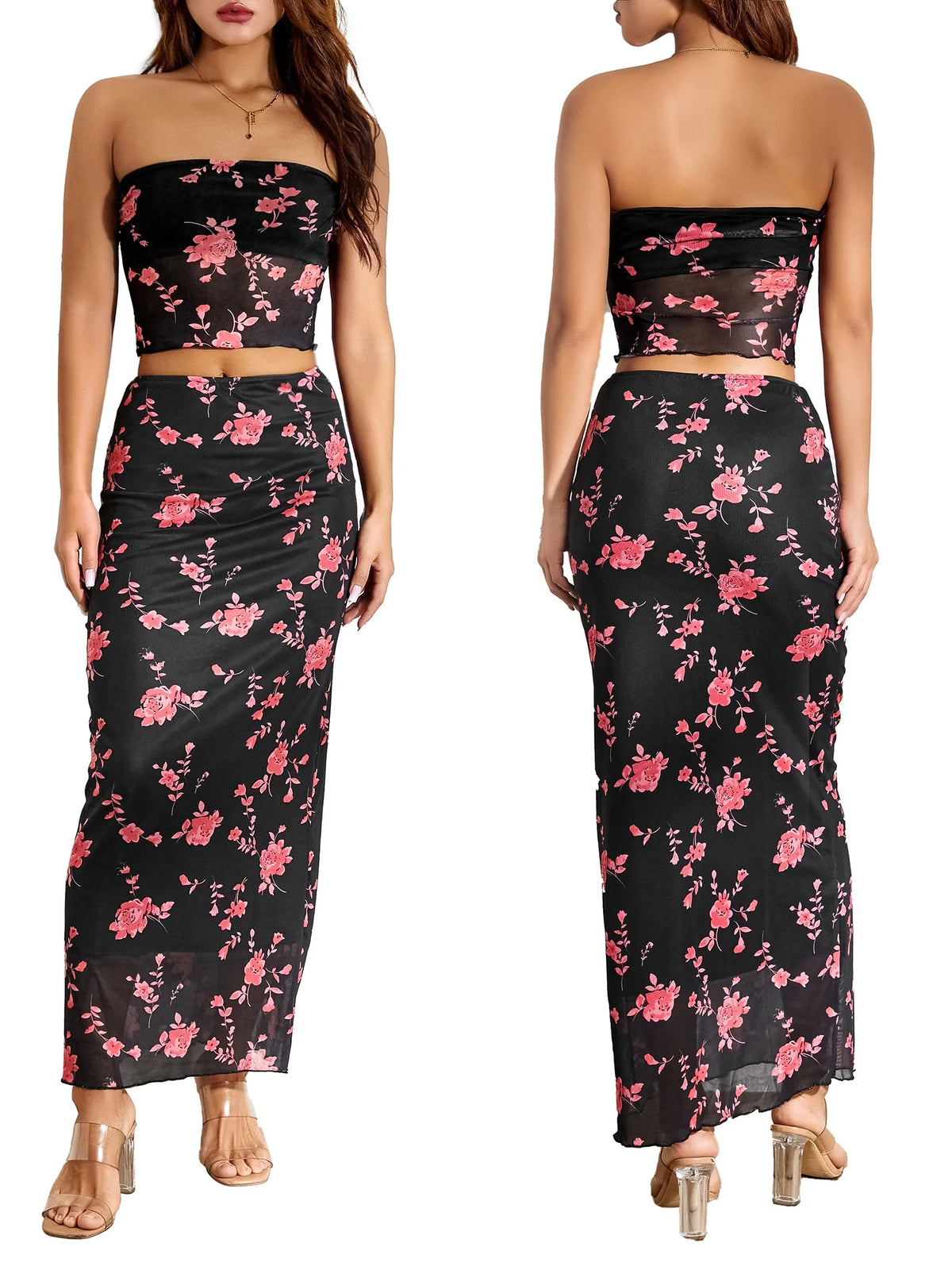 2Pcs Women Flower Print Strapless Mesh Tube Top with Low Waist Long Skirts U959