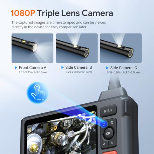 Triple Lens Sewer Inspection Camera with 50FT Semi-Rigid Cable, 5" IPS Screen, 1080P Waterproof Borescope, Carrying Case W10046