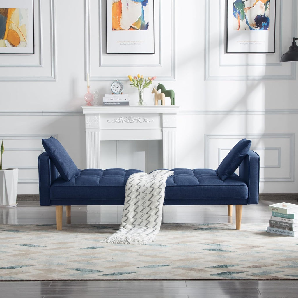 Navy Blue Tufted Fabric Futon Sofa Bed with Wooden Legs and 2 Square Pillows A271