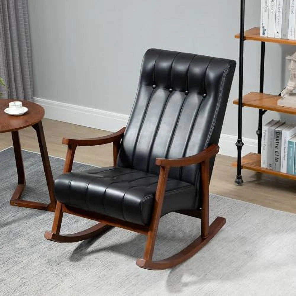 Upholstered Rocking Chair with Fabric Padded Seat Solid Wood High Back Armchair Grey S49555