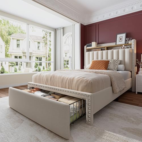 King Size Upholstered Platform Bed Frame with Storage Headboard and Drawers N99718