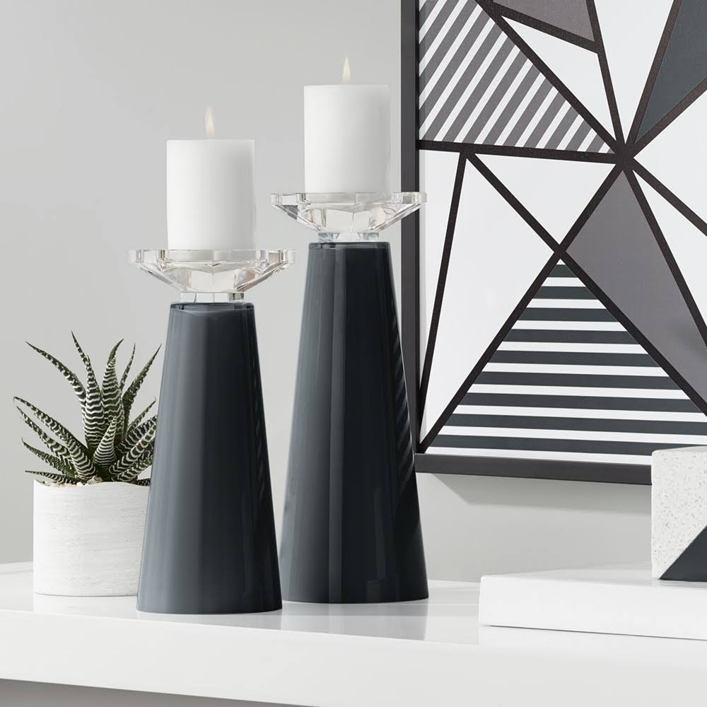 Black Glass Pillar Candle Holder Set of 2 Z10414