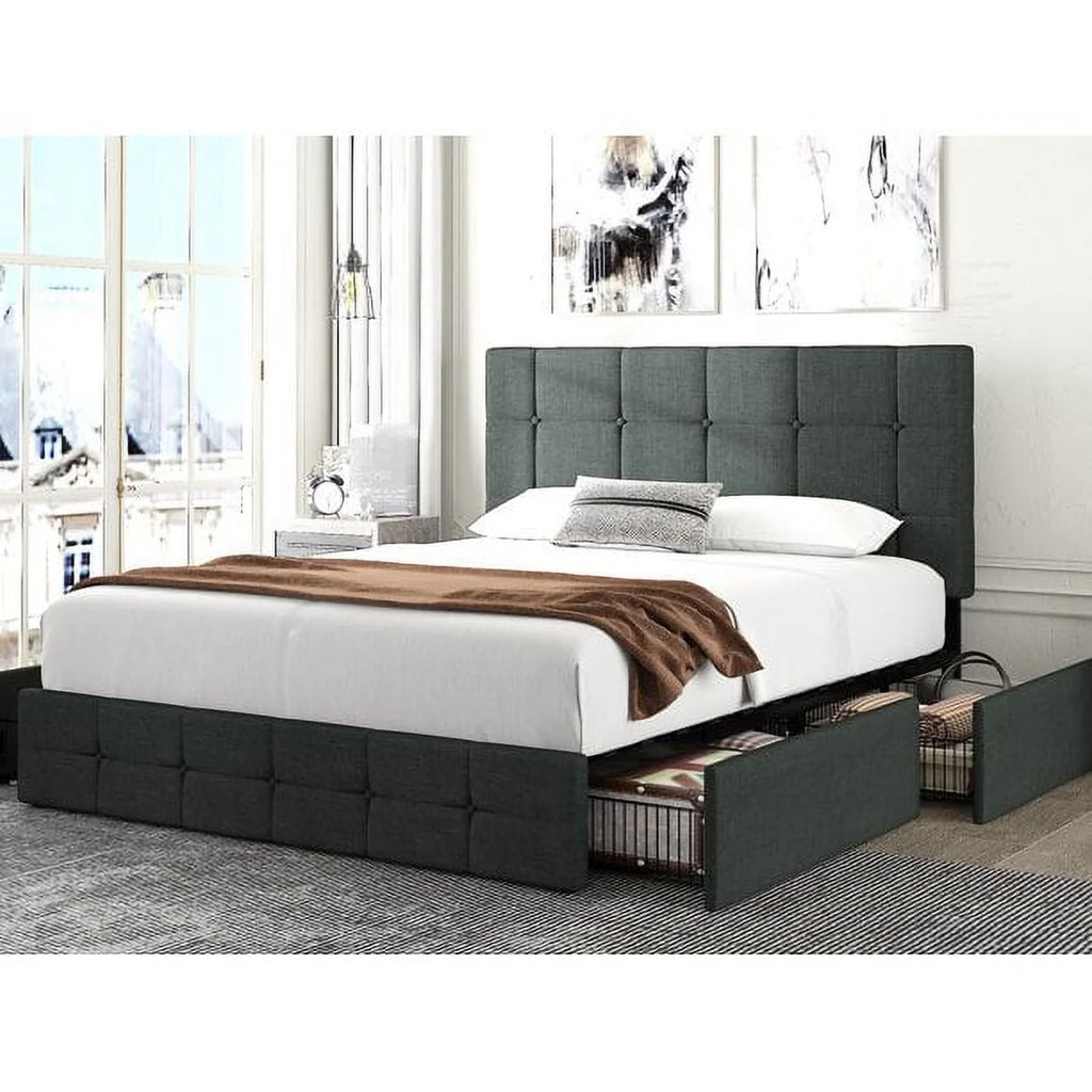Queen Size Platform Bed Frame with Headboard and 4 Storage Drawers X154