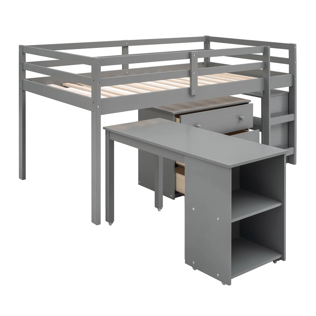 Twin Size Wood Loft Bed with Desk Storage Drawers and Bookcase C33822