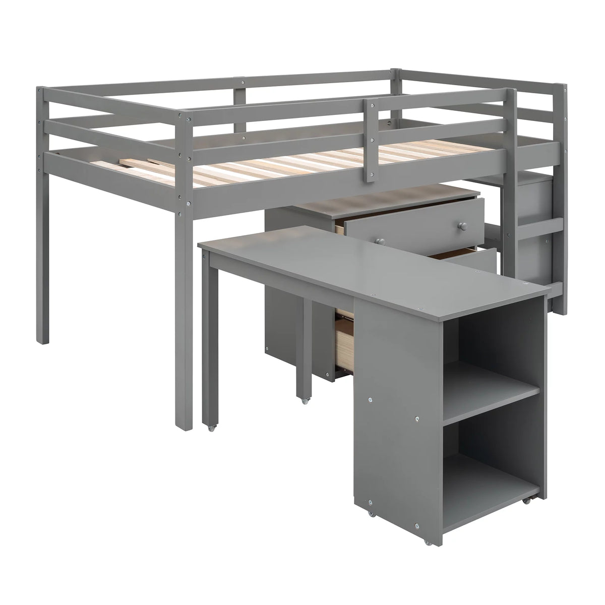 Twin Size Wood Loft Bed with Desk Storage Drawers and Bookcase C33822