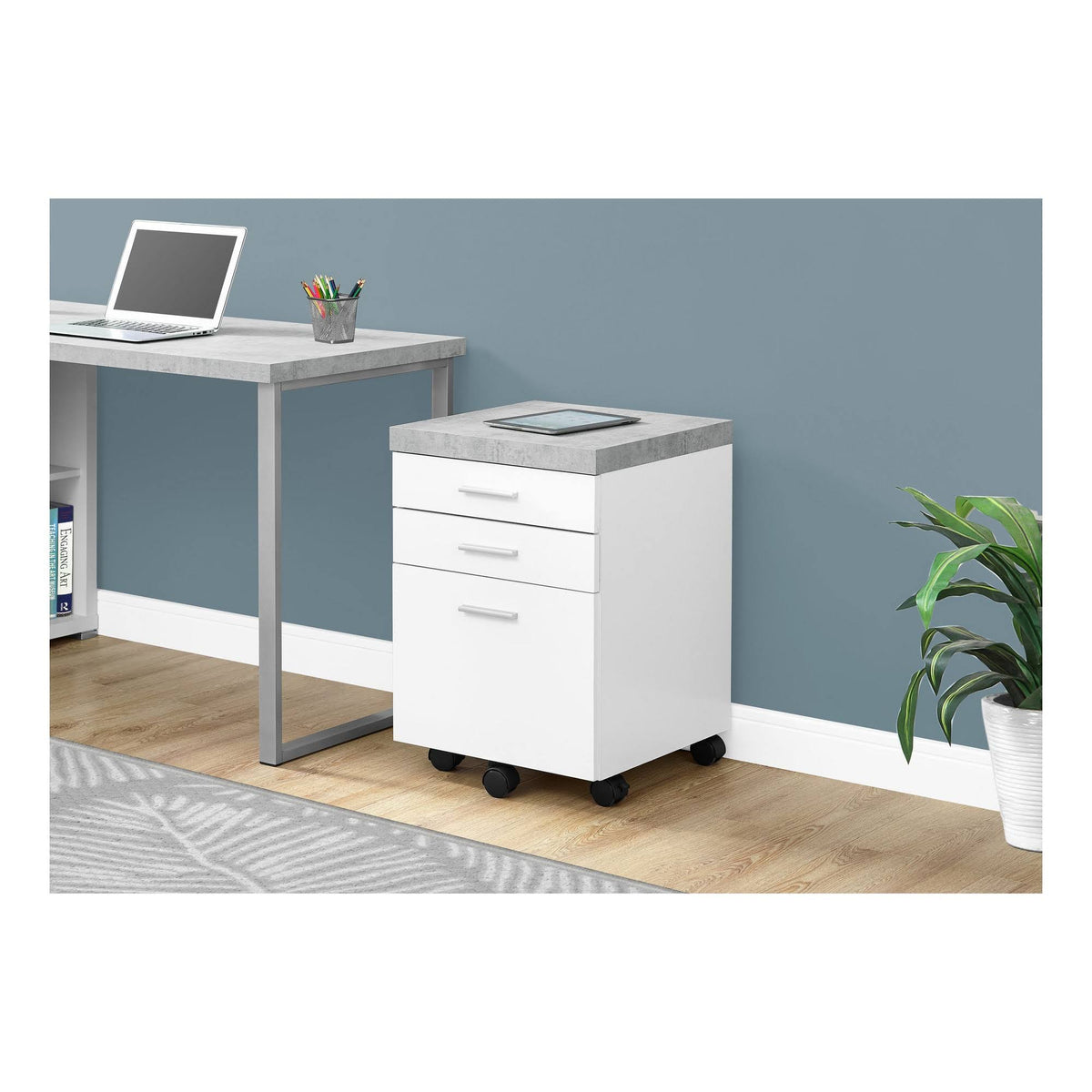 3 Drawer File Cabinet on Castor in White and Gray Cement N59917
