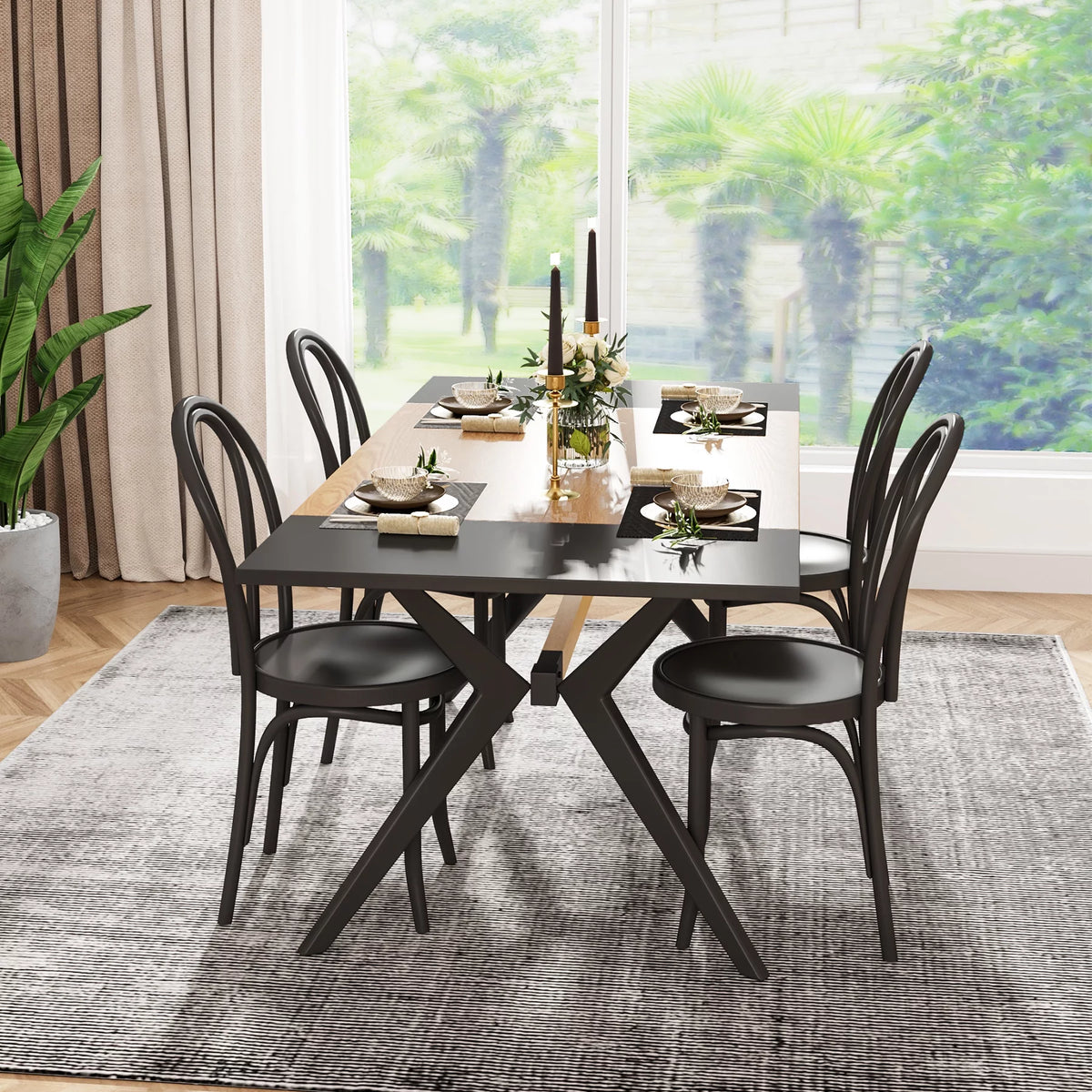 63 inches Rectangular Wood Dining Table with X-Shaped Iron Frame H12681