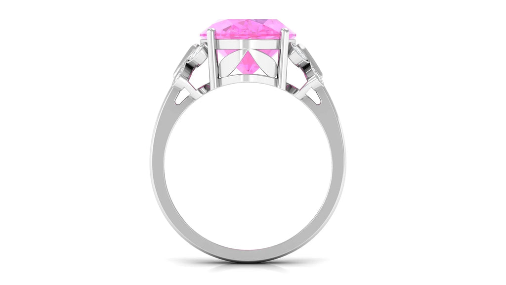 Oval Created Pink Sapphire Solitaire Ring with Diamond, 10X14 mm, 925 Sterling Silver, US 4.00 A349