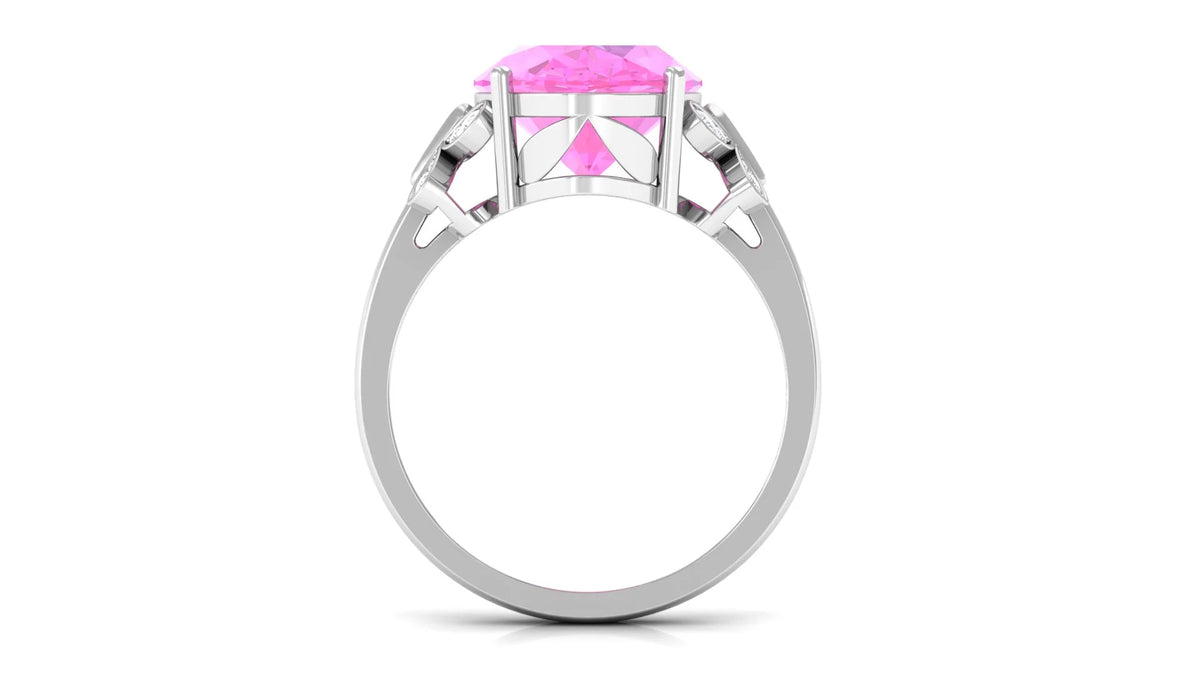 Oval Created Pink Sapphire Solitaire Ring with Diamond, 10X14 mm, 925 Sterling Silver, US 4.00 A349