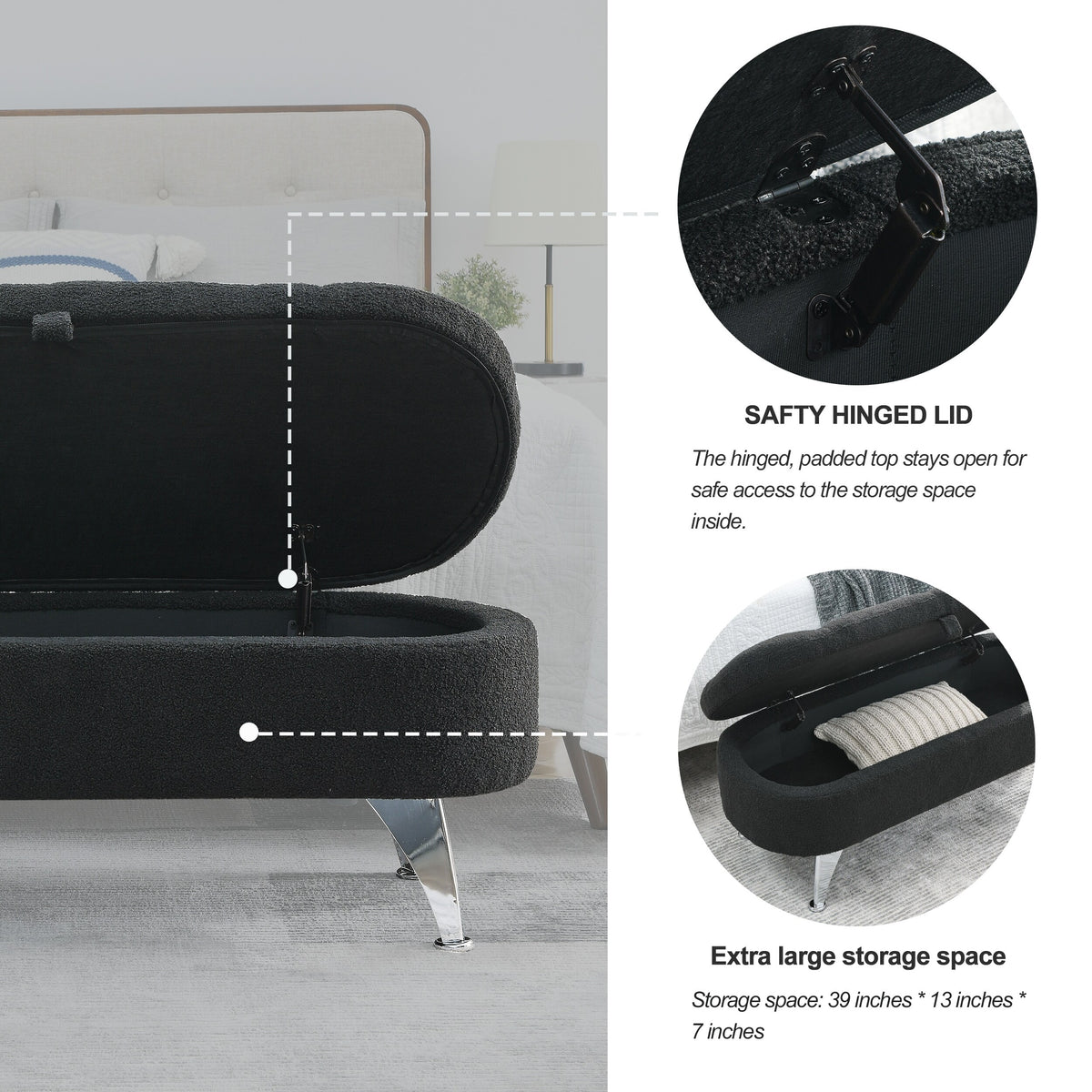 Black Teddy Storage Ottoman Bench G475