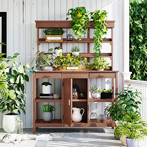 66" Wooden Potting Bench with Drawers Cabinet and Shelves K814