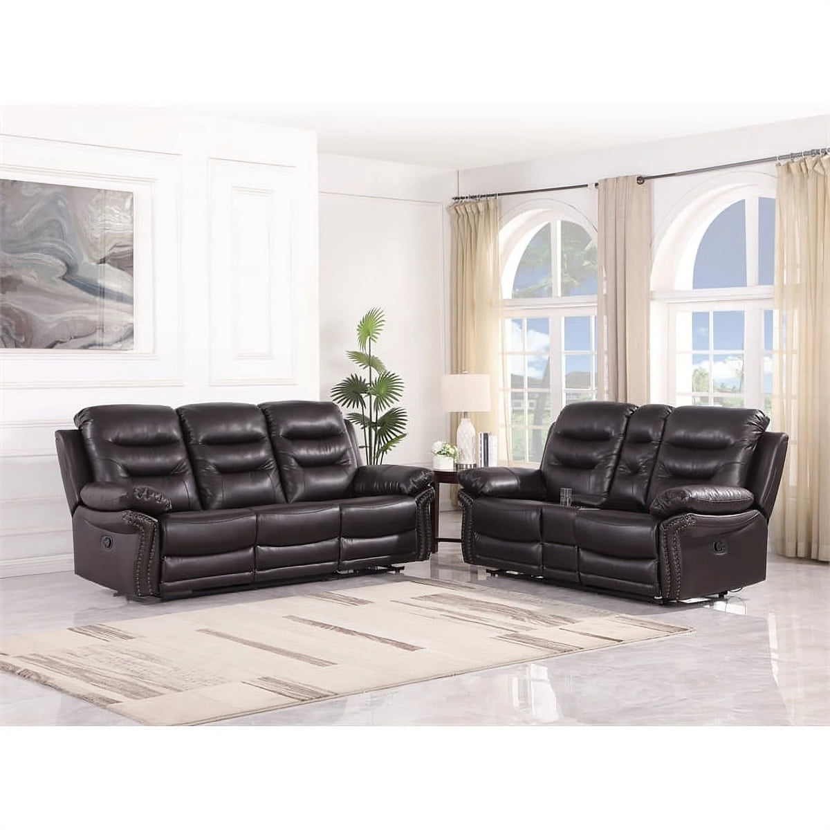 Brown 2-Piece Leather Sofa with Console Loveseat S26727