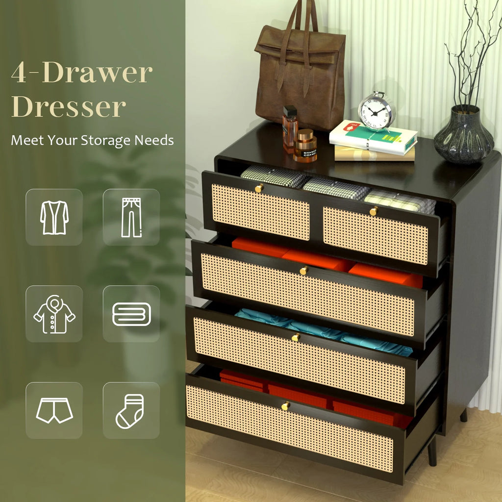Rattan 4 Drawer Tall Wood Dresser V78652