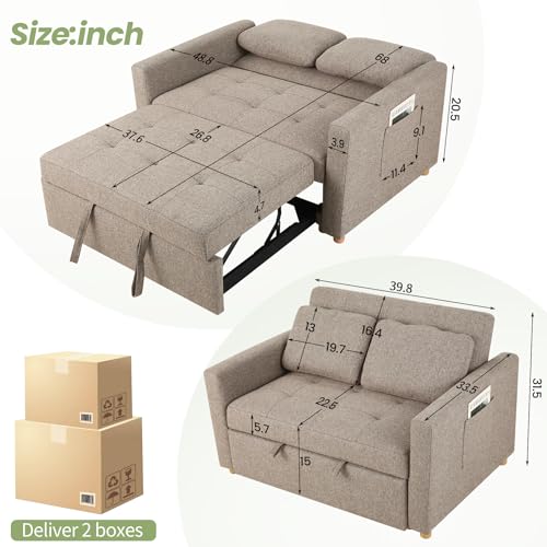 3-in-1 Convertible Sofa Bed, Linen Fabric Sleeper Couch, 49" 2-Seater Loveseat Futon Sofa W601095