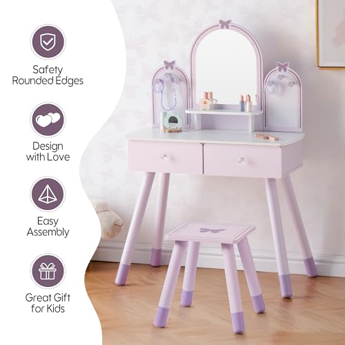 Purple Kids Vanity Set with Mirror, Chair and Storage Drawers T190
