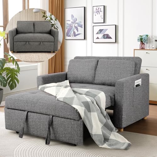 3-in-1 Convertible Sofa Bed, Linen Fabric Sleeper Couch, 49" 2-Seater Loveseat Futon Sofa W601095