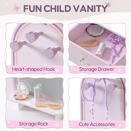 Purple Kids Vanity Set with Mirror, Chair and Storage Drawers T190