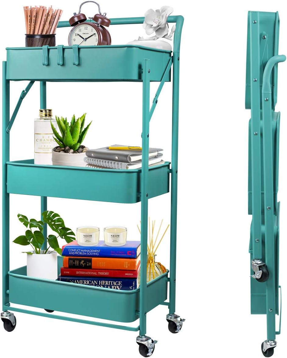 3-Tier Collapsible Rolling Utility Cart with Lockable Caster Wheels, Blue M348