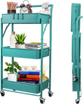 3-Tier Collapsible Rolling Utility Cart with Lockable Caster Wheels, Blue M348