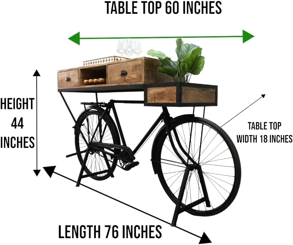 Vintage Bicycle Console Table with Drawers & Storage, Mango Wood, 76L x 18W x 44H inches N105