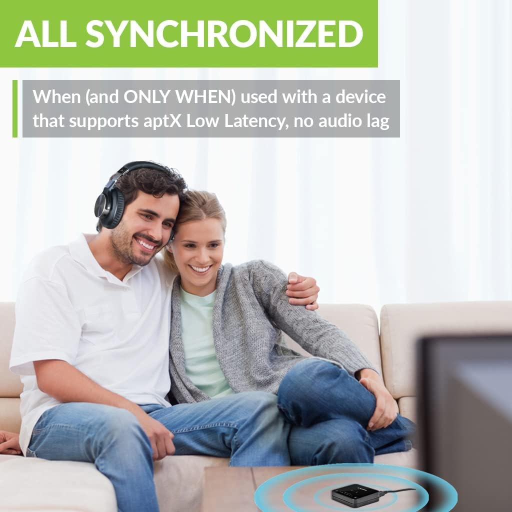 Bluetooth 5.0 Transmitter for TV with Volume Control, aptX Low Latency Audio Adapter for 2 Headphones, Class 1 Long Range 100ft, Pack of 2 L297