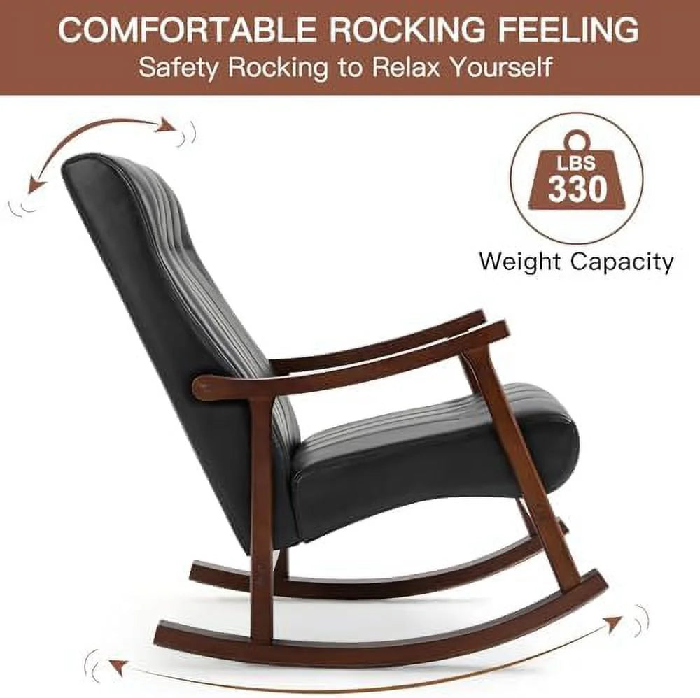 Upholstered Rocking Chair with Fabric Padded Seat Solid Wood High Back Armchair Grey S49555
