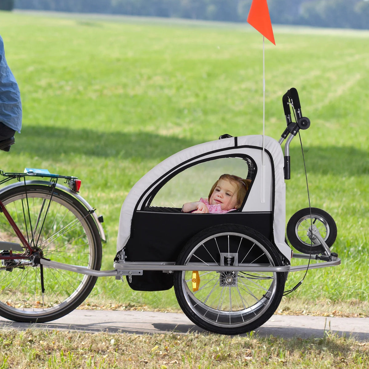 2-in-1 Double Child Two-Wheel Bicycle Cargo Trailer with 2 Safety Harnesses, Green X749