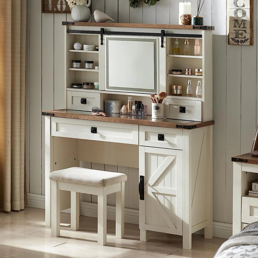 White Vanity Set with Sliding Mirror and Lights Y951931