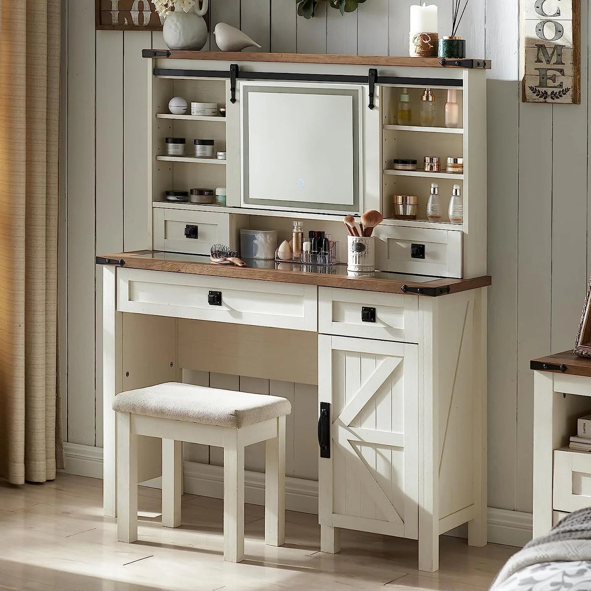 White Vanity Set with Sliding Mirror and Lights Y951931