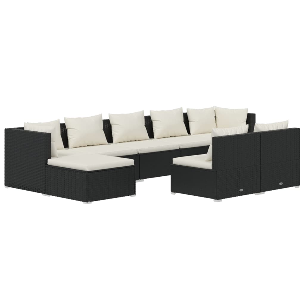 9 Piece Patio Set with Cushions Black Poly Rattan H91015