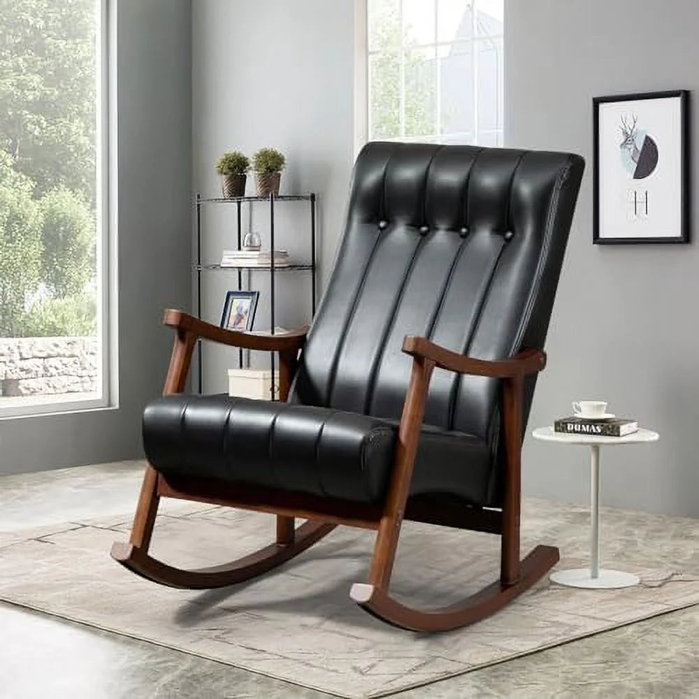 Upholstered Rocking Chair with Fabric Padded Seat Solid Wood High Back Armchair Grey S49555