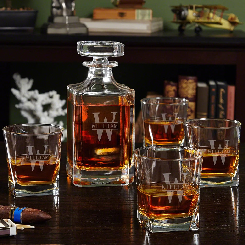 Etched Whiskey Decanter Set with Square Rocks Glasses M554166