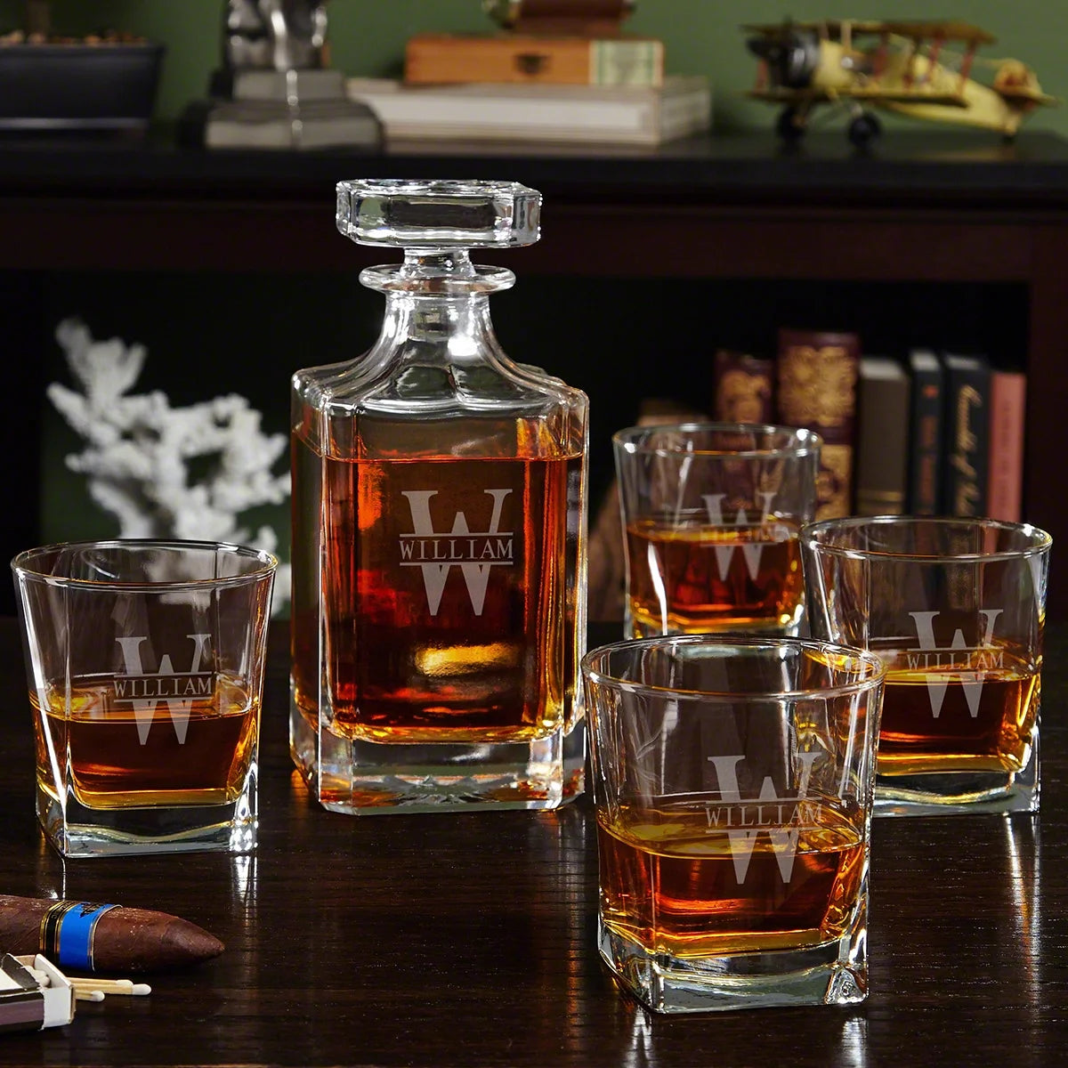 Etched Whiskey Decanter Set with Square Rocks Glasses M554166