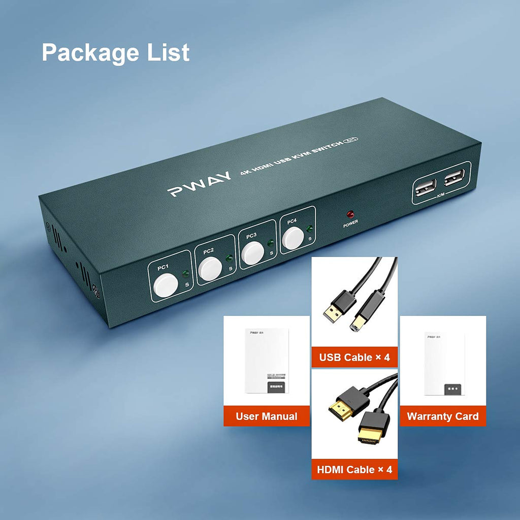 KVM Switch HDMI 4 Port Box, 4K@30Hz, with 4 USB-B and 4 HDMI Cables M38284