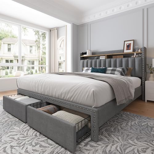 King Size Upholstered Platform Bed Frame with Storage Headboard and Drawers N99718