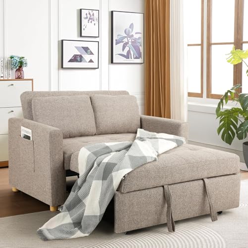 3-in-1 Convertible Sofa Bed, Linen Fabric Sleeper Couch, 49" 2-Seater Loveseat Futon Sofa W601095