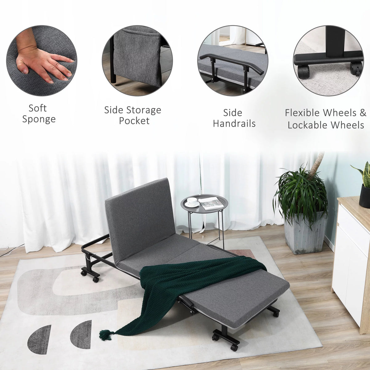 Folding Bed with 3.25" Mattress and Metal Frame on Wheels, Dark Grey O356571