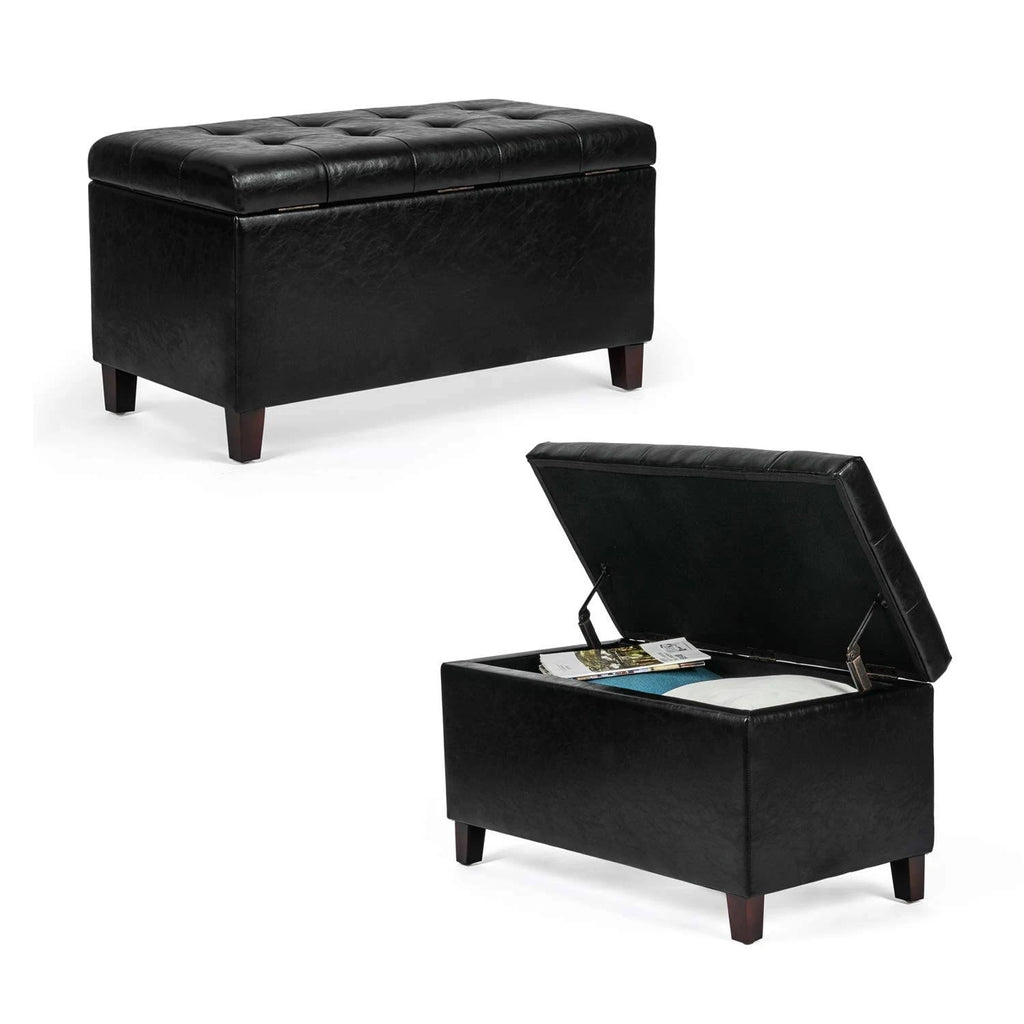 Black Button Tufted Faux Leather Storage Bench Ottoman D890