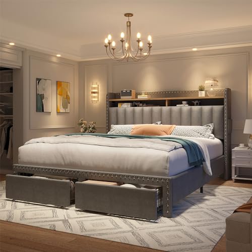 King Size Upholstered Platform Bed Frame with Storage Headboard and Drawers N99718