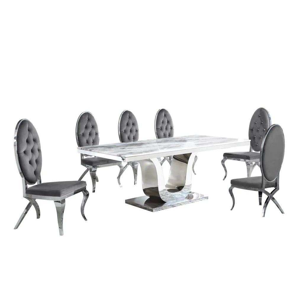 Stainless Steel 7 Piece Dining Set with Marble Table and Gray Chairs J888